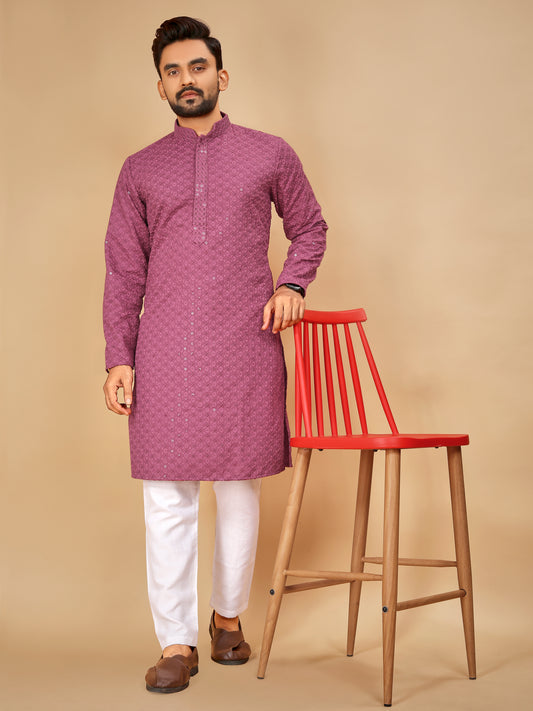 Men’s Sequence Kurta Set With Pajama(Light Purple)