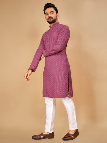 Men’s Sequence Kurta Set With Pajama(Light Purple)