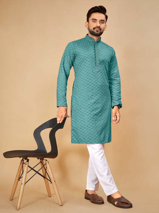 Men’s Sequence Kurta Set With Pajama(Dark Firoji)