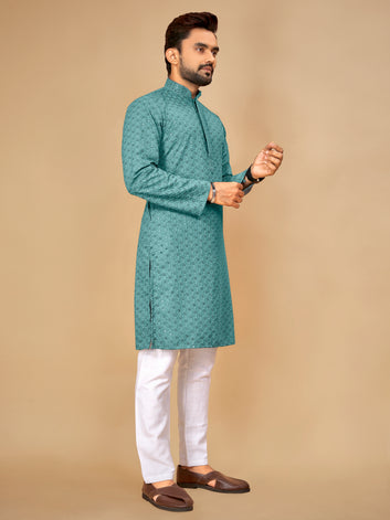 Men’s Sequence Kurta Set With Pajama(Dark Firoji)