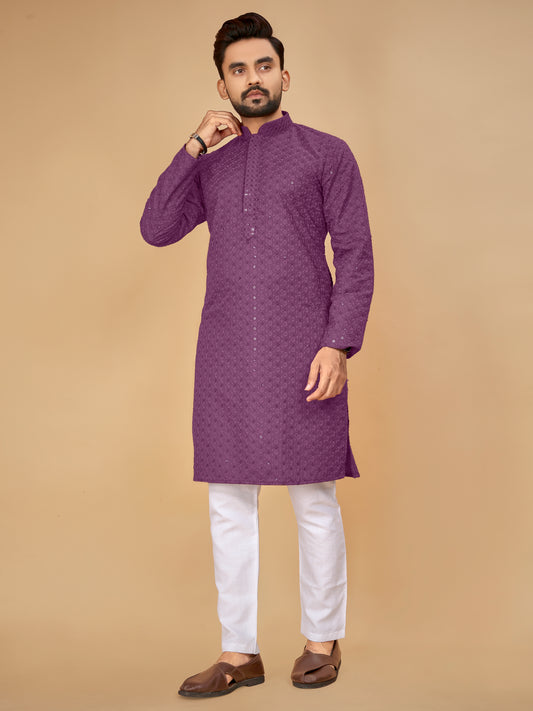 Men’s Sequence Kurta Set With Pajama(Dark Purple)