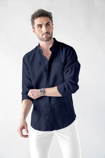 Linen Bland Soft Touch Navy Blue Shirt