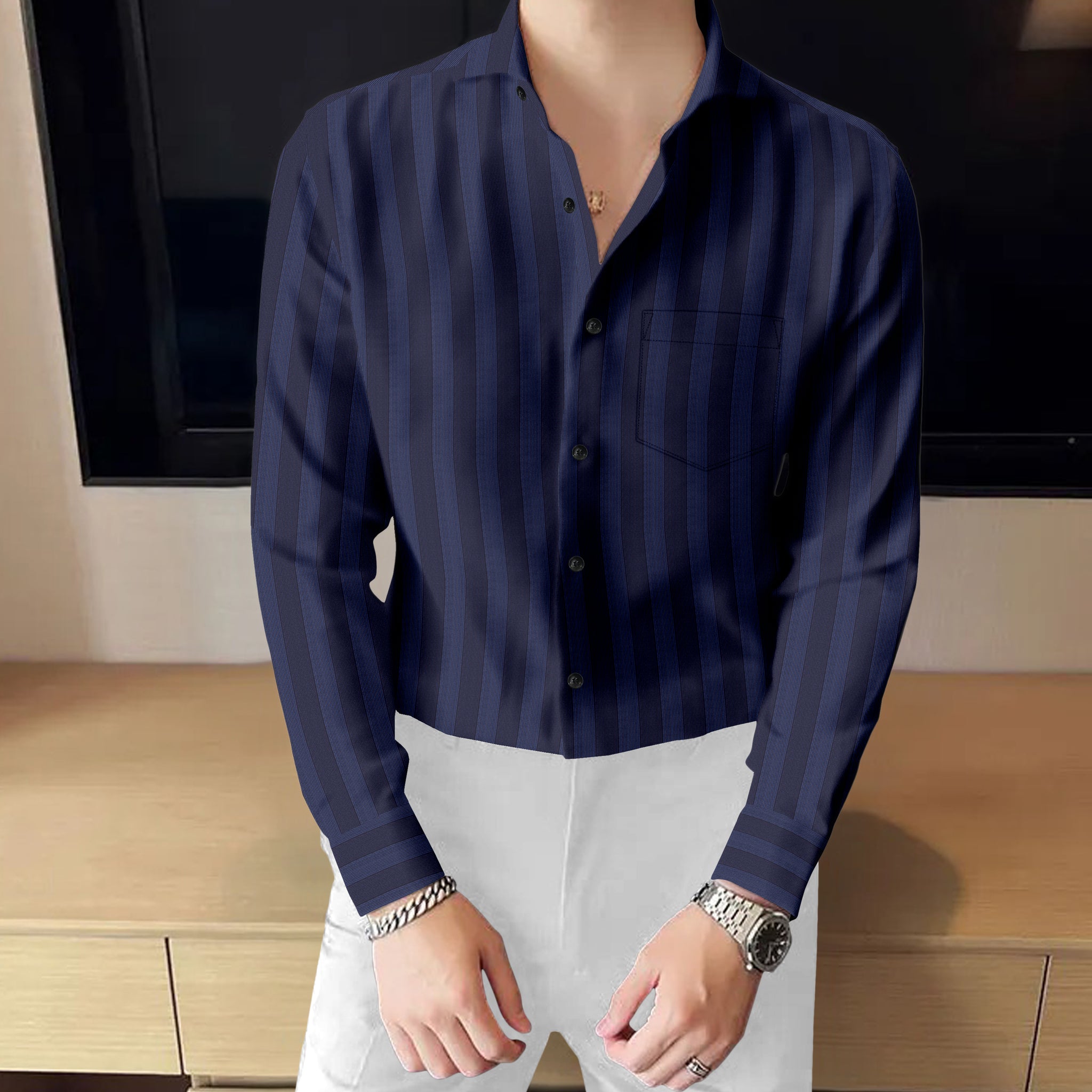 Classic Design Cotton Blue Striped Shirt