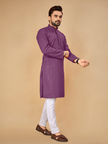 Men’s Sequence Kurta Set With Pajama(Dark Purple)