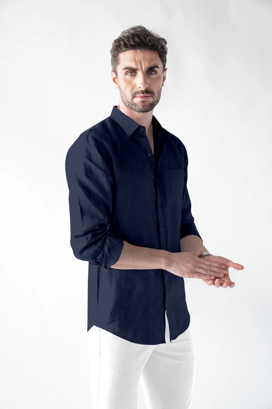 Linen Bland Soft Touch Navy Blue Shirt