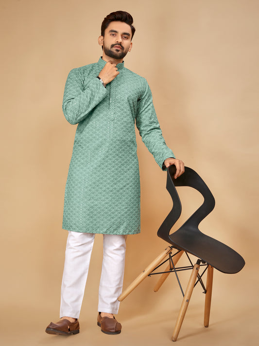 Men’s Sequence Kurta Set With Pajama(Light Firoji)