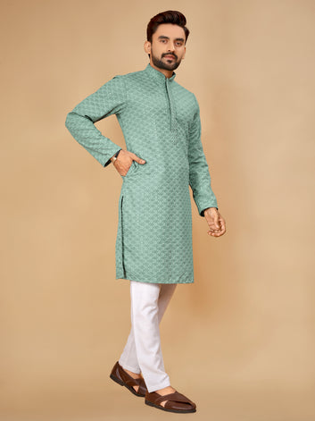 Men’s Sequence Kurta Set With Pajama(Light Firoji)