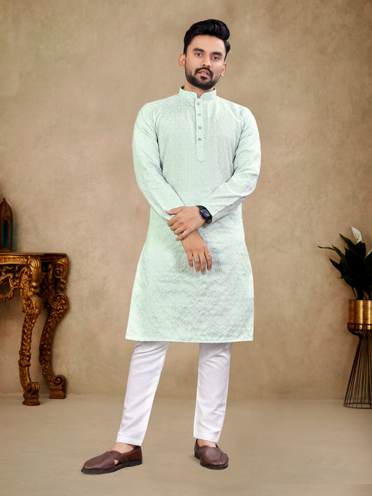 Men’s Lucknowi Embroidered  Kurta Pajama Set( Firoji)