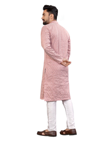 Men’s Lucknowi Embroidered  Kurta Pajama Set( Light Pink)