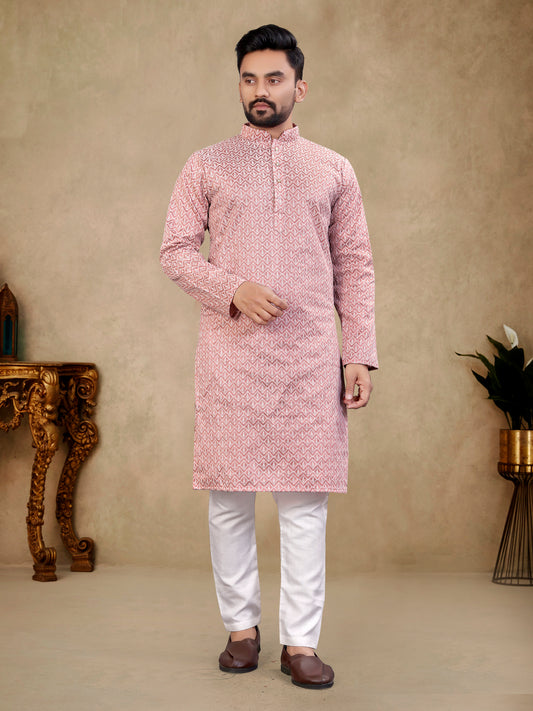 Men’s Lucknowi Embroidered  Kurta Pajama Set( Light Pink)