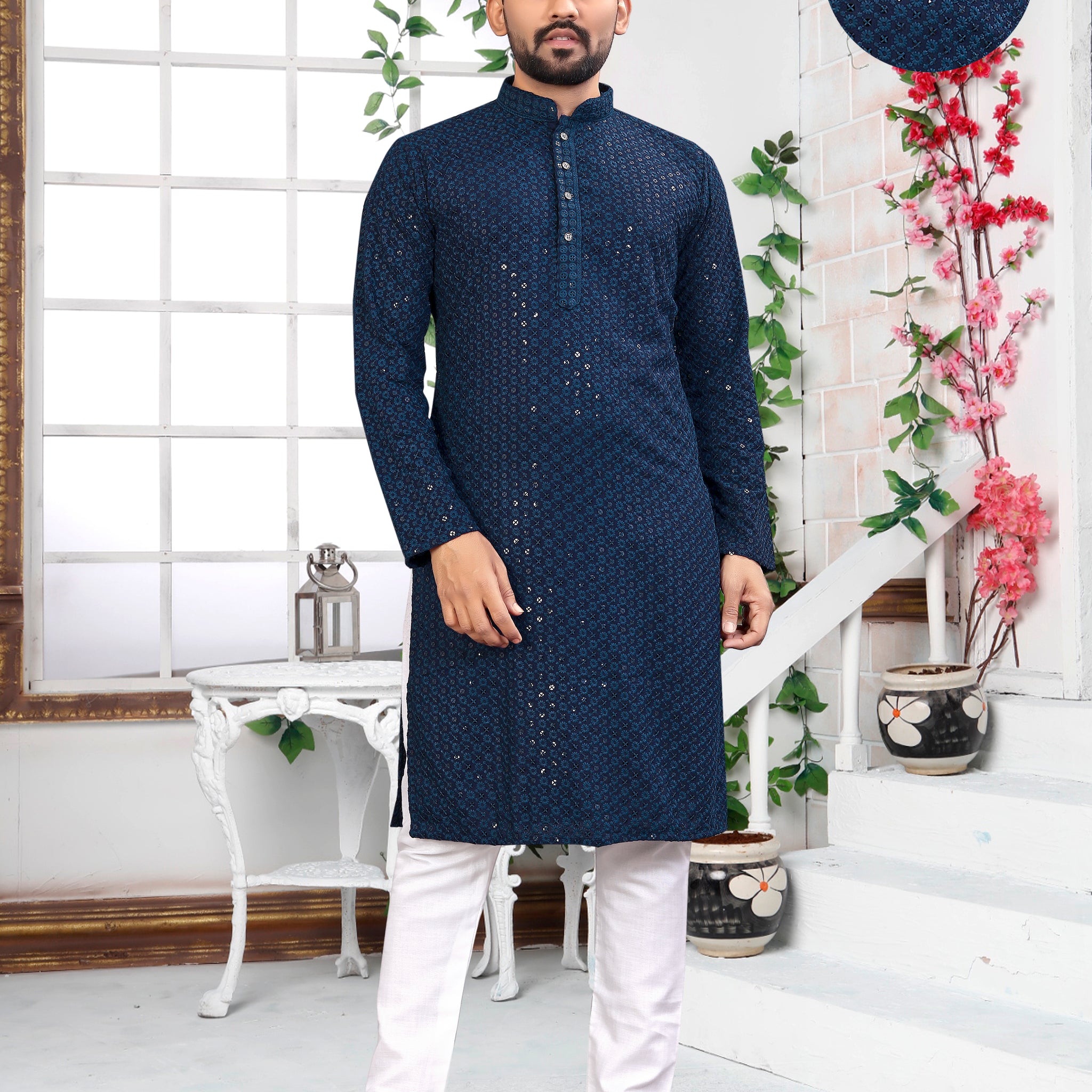 Navy Blue Sequence with Embroidery Men’s Kurta Set