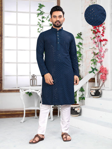Navy Blue Sequence with Embroidery Men’s Kurta Set