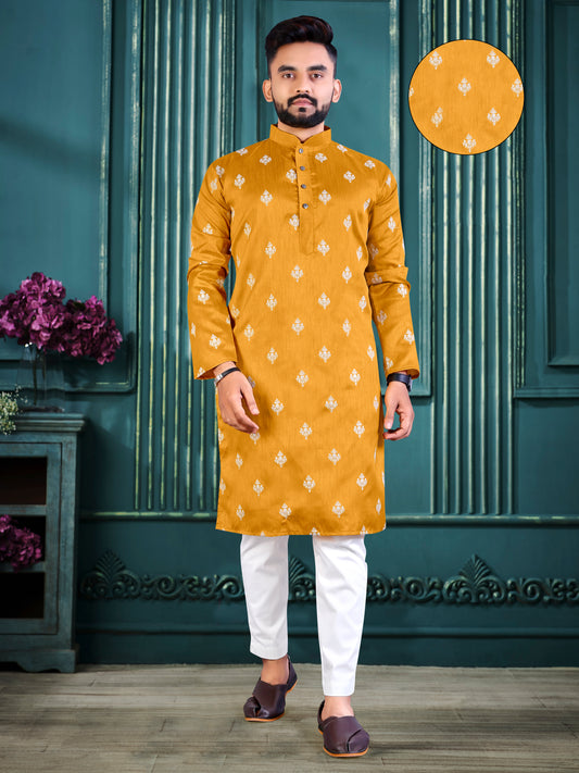 Yellow Cotton Slub Embroidery Work Traditional Wear Kurta-Pajama