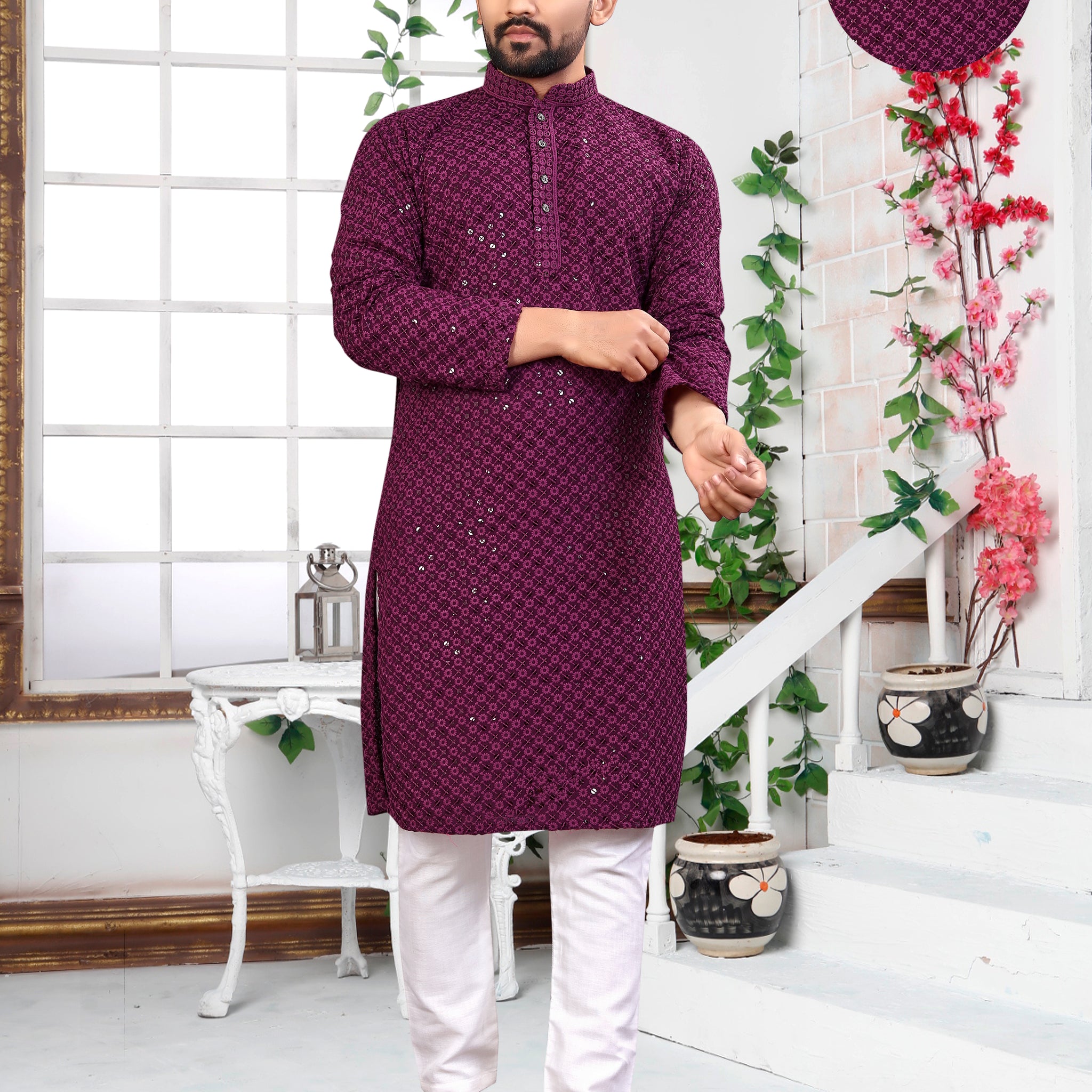 Purple Sequence with Embroidery Men’s Kurta Set