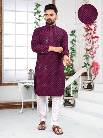Purple Sequence with Embroidery Men’s Kurta Set