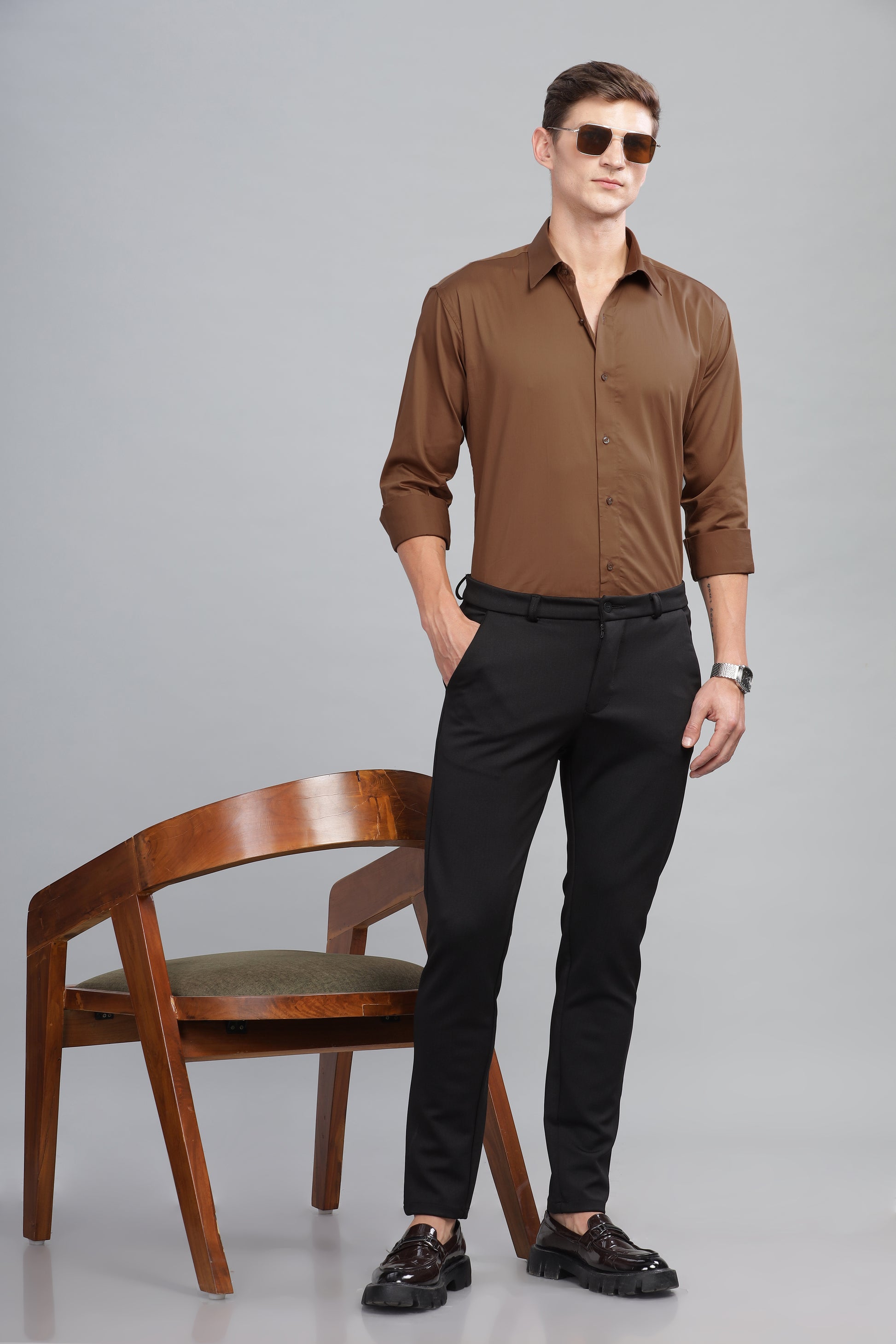 brown long sleeve Satin cotton shirts for male