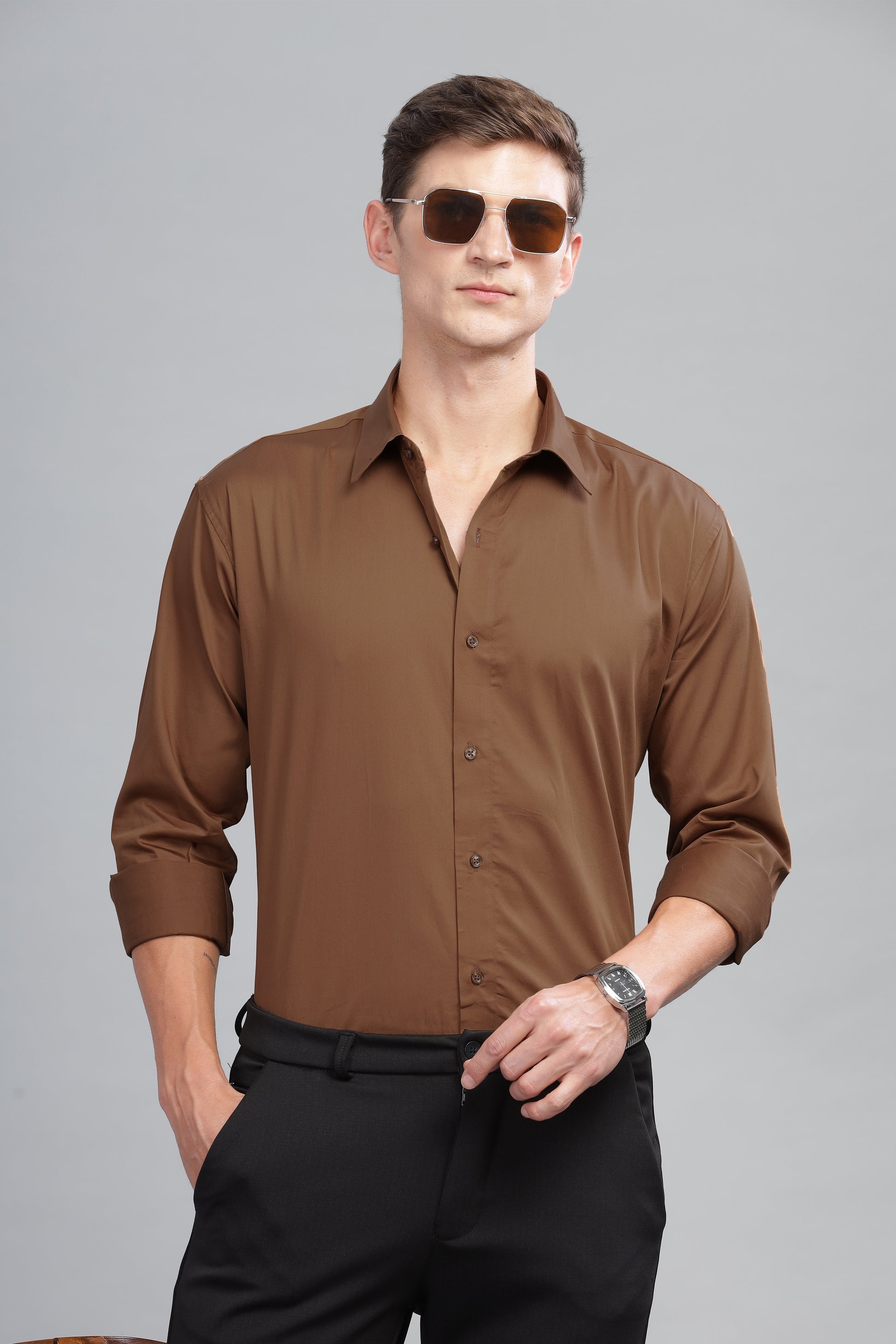 brown mens formal linen shirts on sale