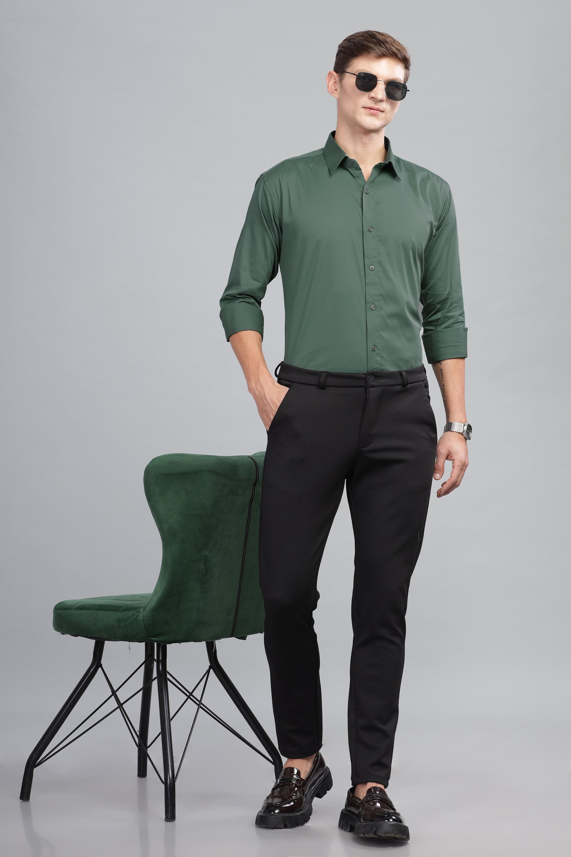 green long sleeve Satin cotton shirts for male