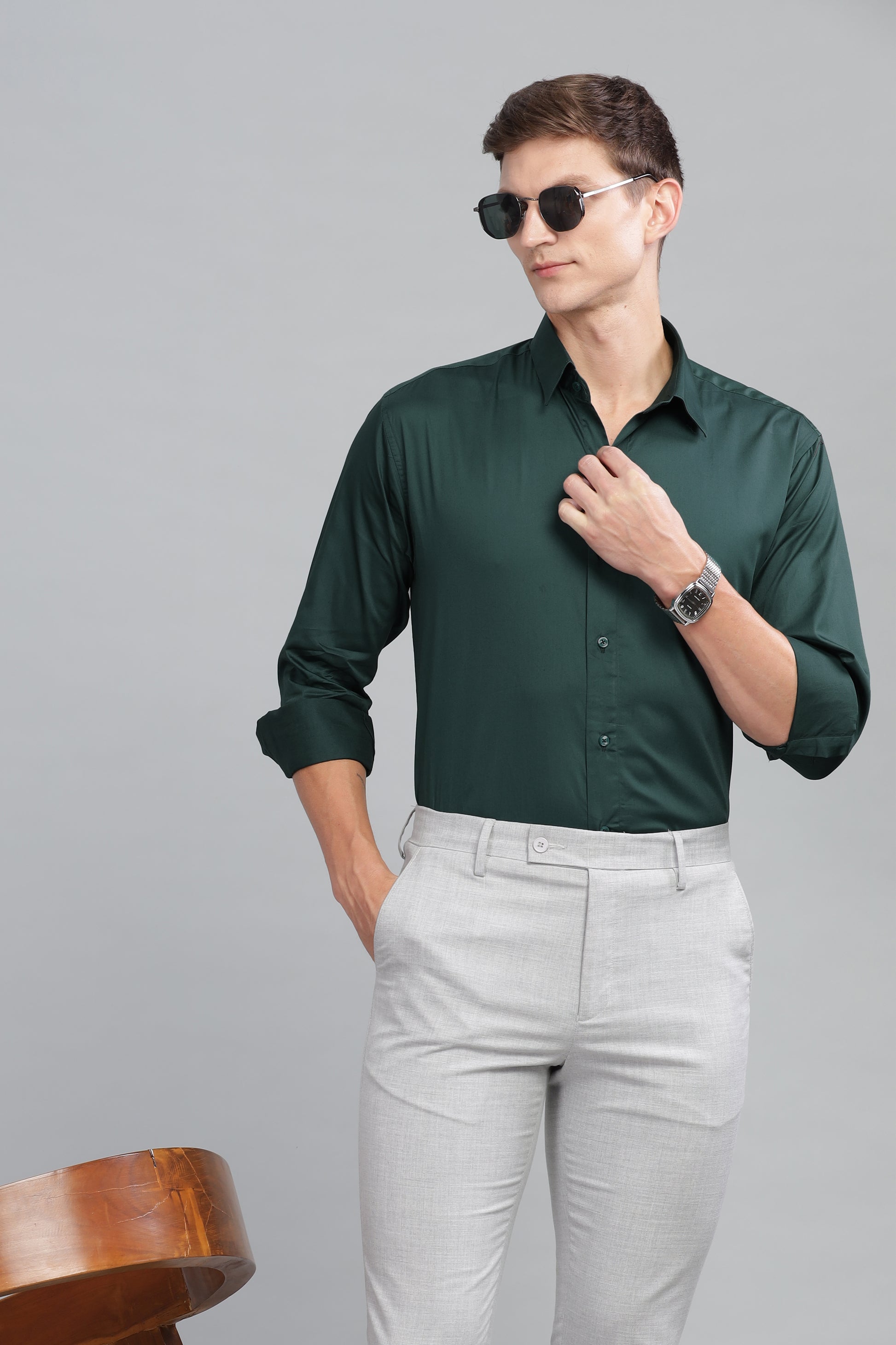 green long sleeve Satin cotton shirts for male