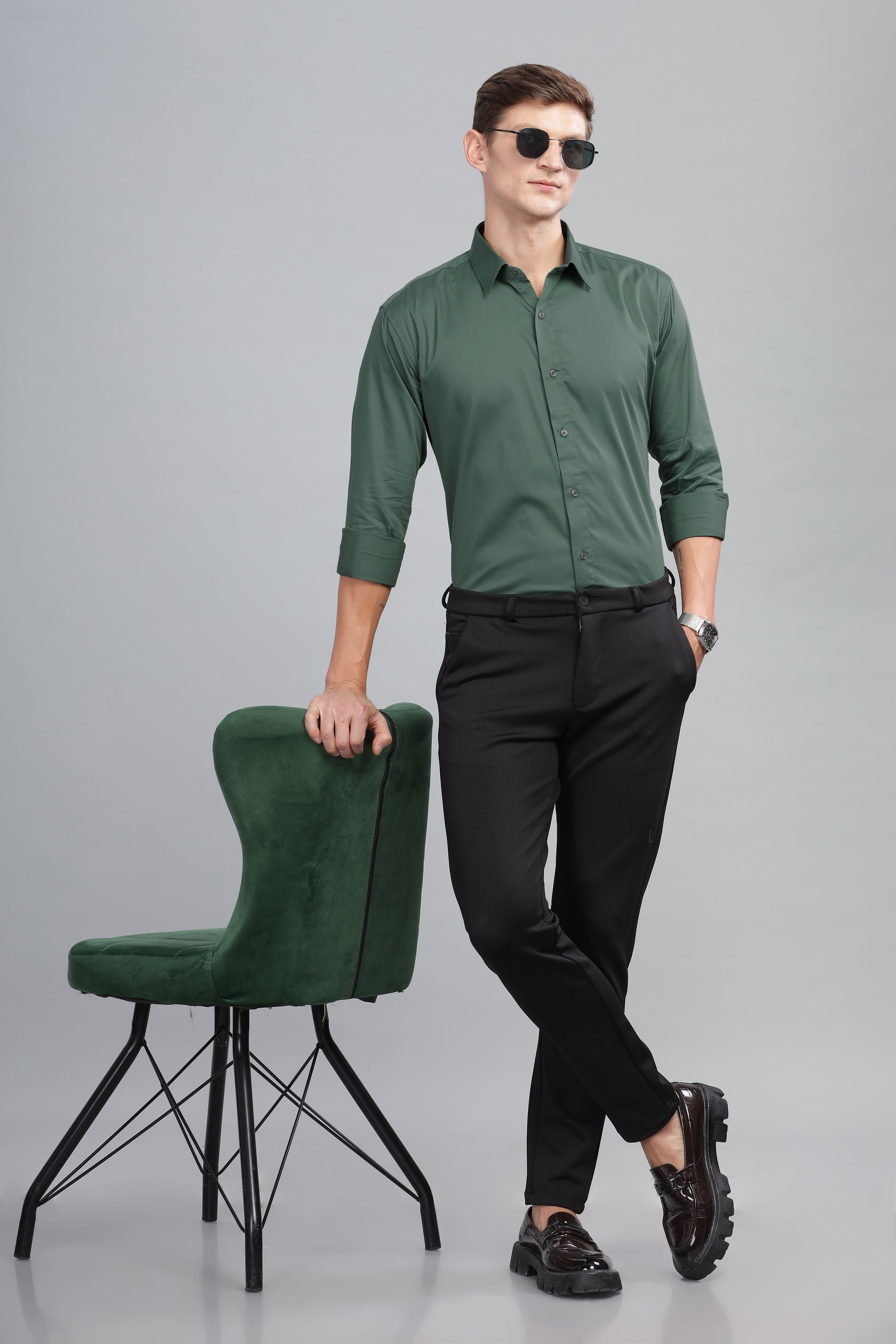 green satin cotton mens shirt on sale