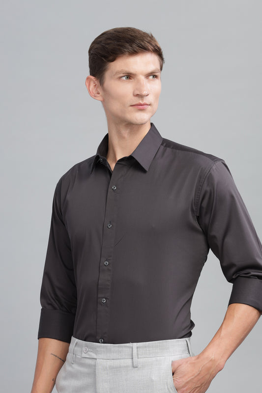 Dark Grey Solid Pure Cotton Satin Formal Shirt