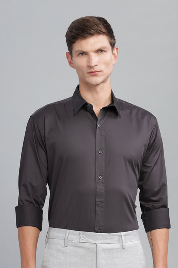 Dark Grey Solid Pure Cotton Satin Formal Shirt