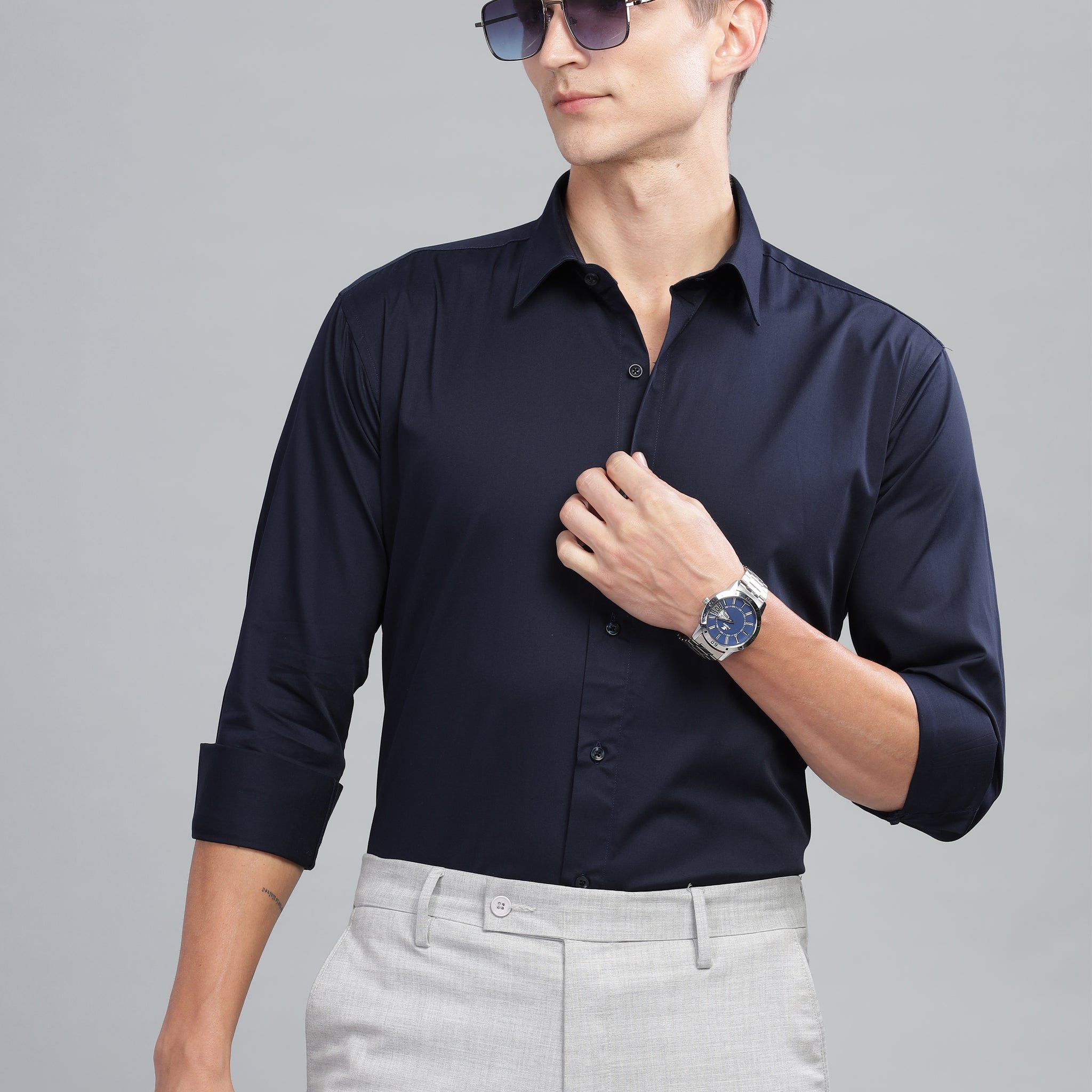 navy blue mens formal linen shirts on sale