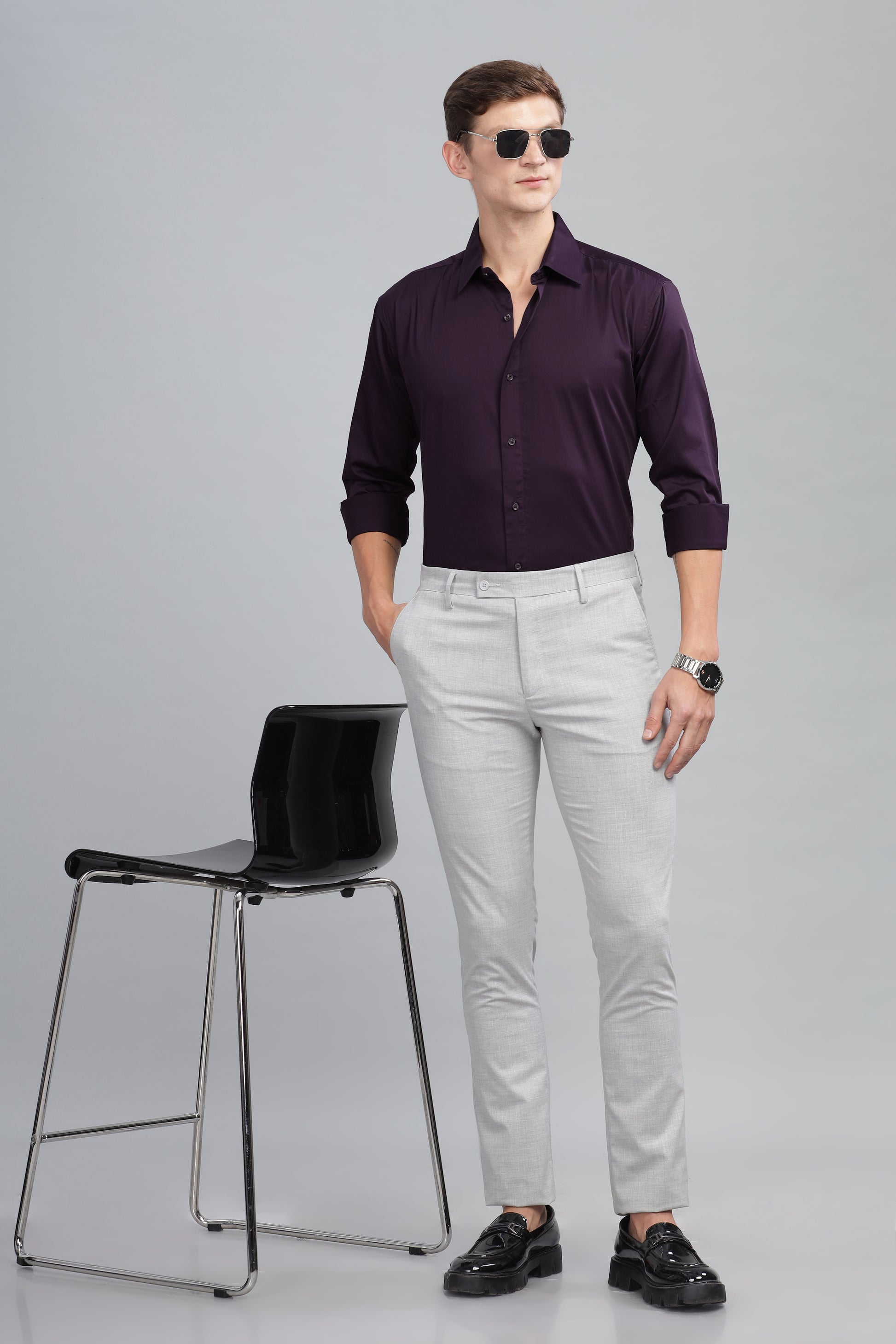 violet long sleeve Satin cotton shirts for male