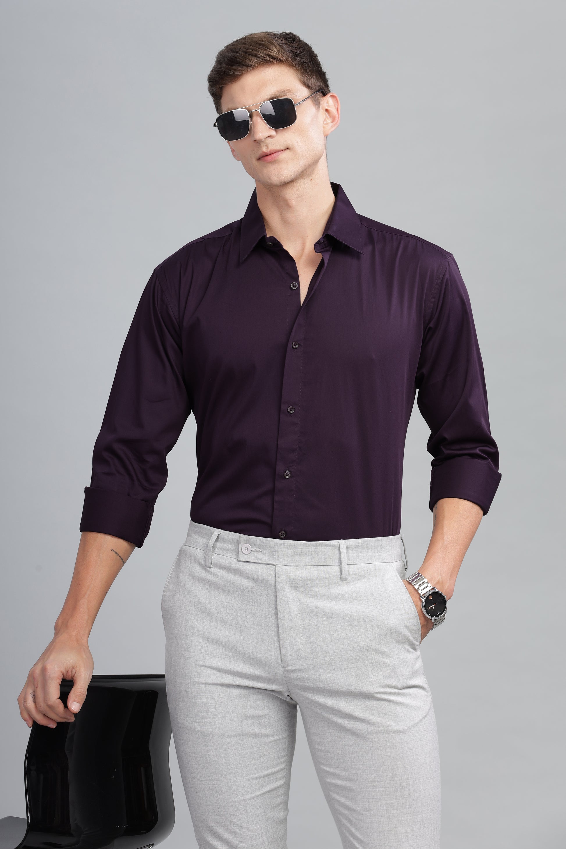 violet plain long sleeves mens shirts