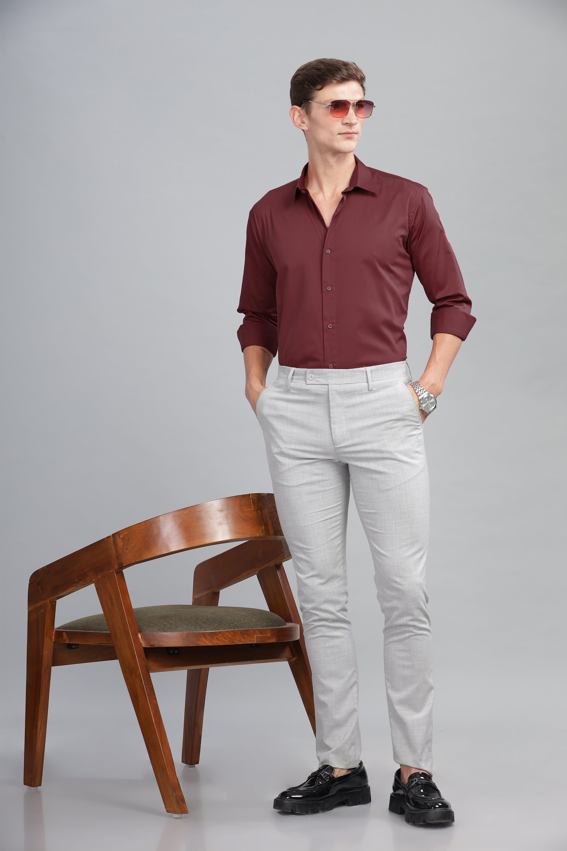 wine long sleeve Satin cotton shirts for male