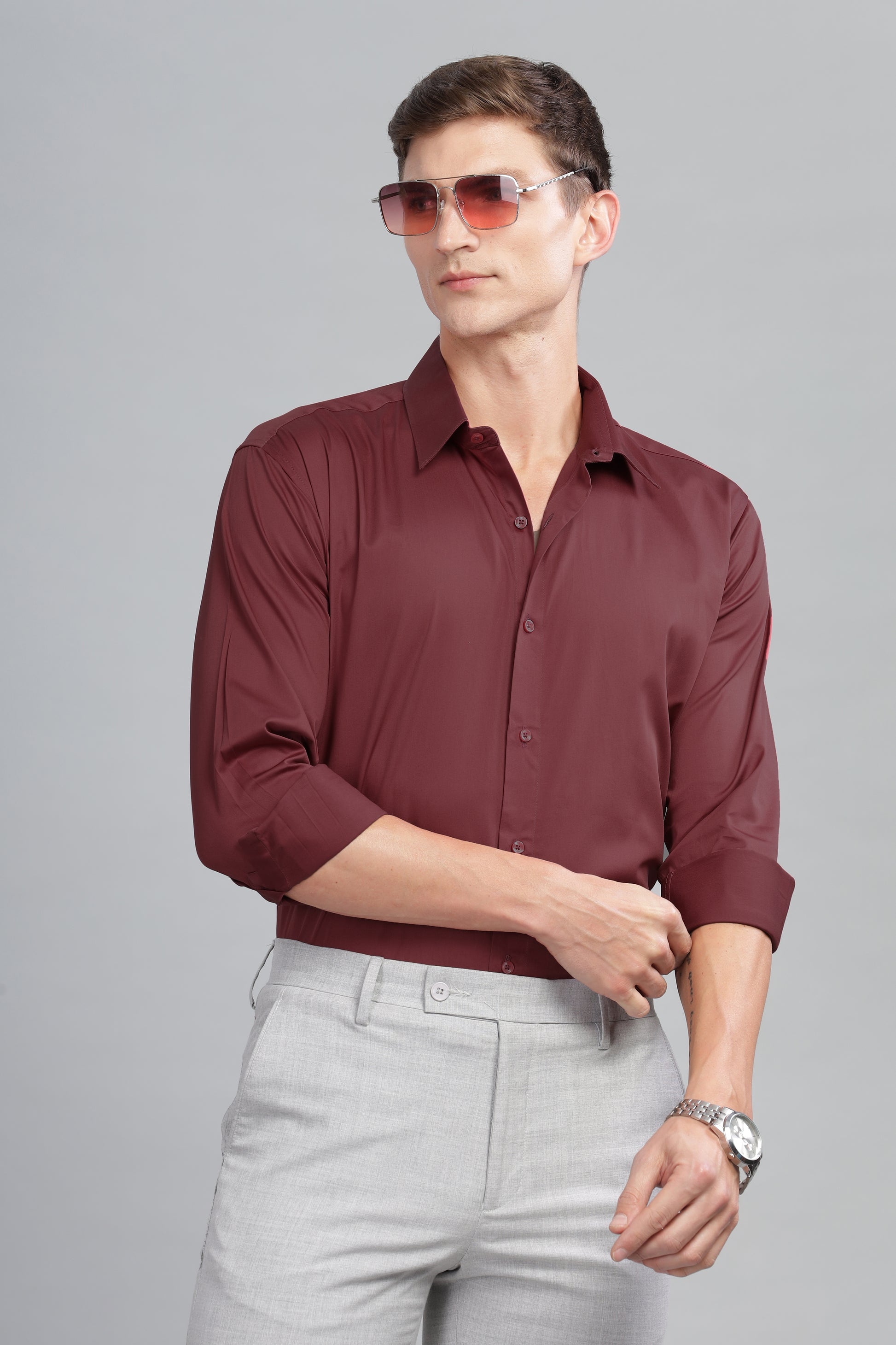 wine plain long sleeves mens shirts